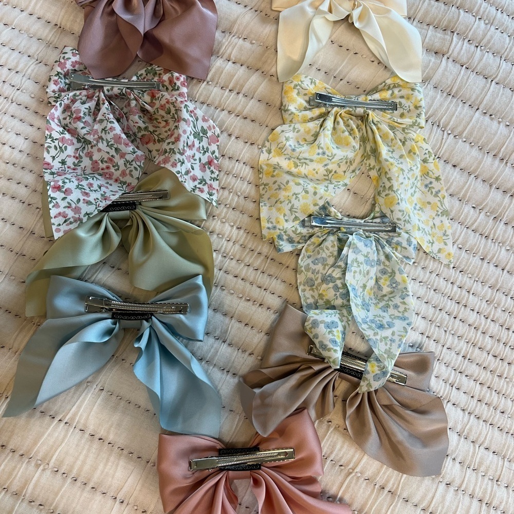 Soft Sage and Dusty Rose Fabric Hair Bows with Floral Patterns - Picture 2 of 5